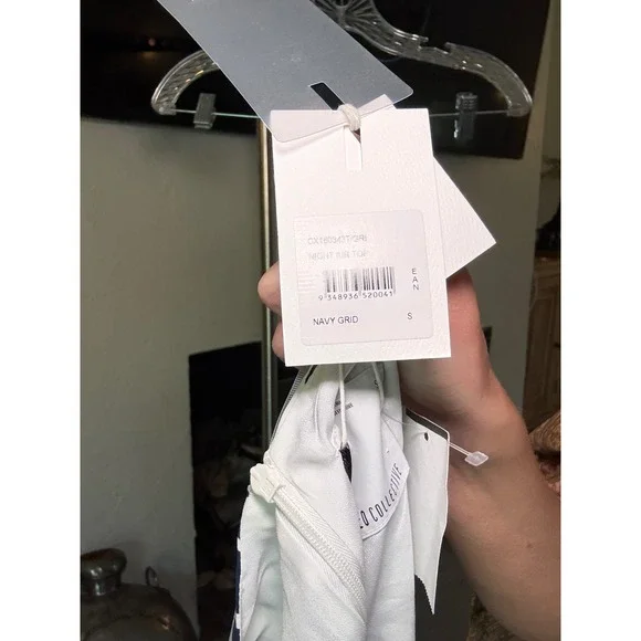 NWT C/MEO COLLECTIVE Night Air Top Navy Grid Geometric Stripe Wrap Blouse Small - Picture 7 of 8